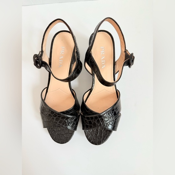 Prada Black Embossed Croc effect leather Quarter strap platform sandals EU 37.5 - Picture 2 of 9
